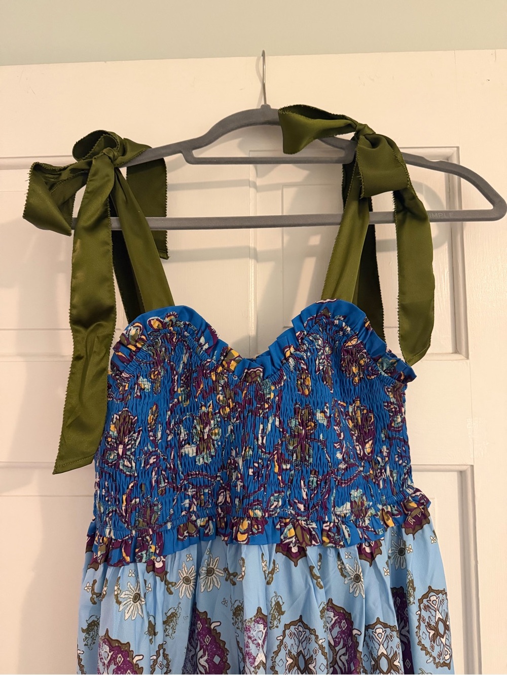 Blue Floral Smocked Sundress with Olive Tie Straps
